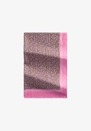 Prostokątny szal z gęstym różowym wzorem kwiatowym na szarym tle oraz jednolitymi różowymi brzegami z cienkimi paskami.