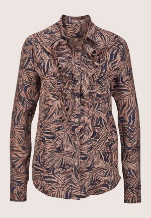 Hemdbluse aus weichem Stoff mit einem Rüschkragen und Rüschenfront, versehen mit einem dunklen Marineblau- und hellpfirsichfarbenen, abstrakten Blattmuster.