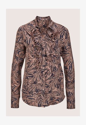 Hemdbluse aus weichem Stoff mit einem Rüschkragen und Rüschenfront, versehen mit einem dunklen Marineblau- und hellpfirsichfarbenen, abstrakten Blattmuster.