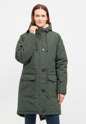 Grüne gepolsterte Parka mit Kapuze, zwei vorderen Taschen, einem Knopf- und Kordelzugverschluss sowie einer strukturierten Stoffoberfläche.