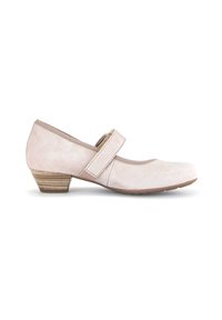 Zapato Mary Jane de ante rosa claro con punta redonda, correa ajustable y tacón de bloque de 3 cm. Textura suave con costuras mínimas.