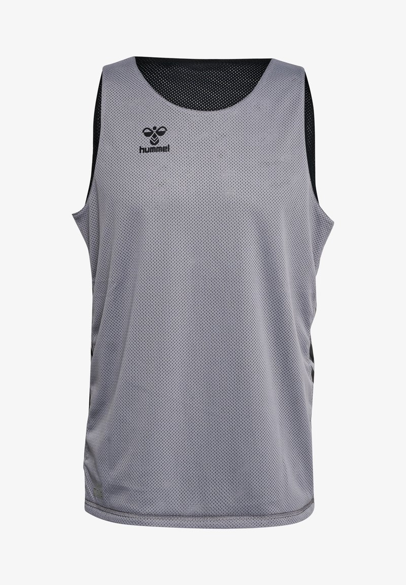 Graues, ärmelloses Sporttanktop aus atmungsaktivem Mesh-Gewebe. Mit schwarzen Akzenten und Branding auf der oberen linken Seite. Reguläre Passform.