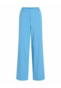 Blå bukser med vid ben, glat tekstur, elastisk taljebånd og forreste læg. Ingen lommer, med et rent, skræddersyet design.