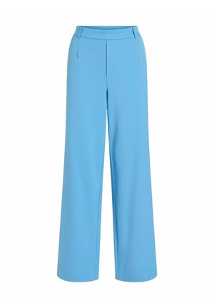 Zilas platās bikses ar gludu tekstūru, elastīgu vidukļa jostu un priekšējām kroplēm. Bez kabatām, ar tīru, pielāgotu dizainu.