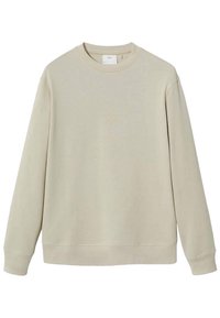 Felpa beige a girocollo con maniche lunghe, polsini e orlo a coste, esposta su uno sfondo bianco.