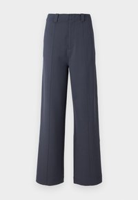 Wide-leg trousers in dark grey fabric. Features include a high waist, front pleats, and a smooth texture with belt loops.
