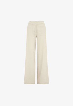 Breda byxor i en ljus beige linblandning. Har en slät midja och framfickor för praktisk användning. Mjuk textur och minimalistisk design.