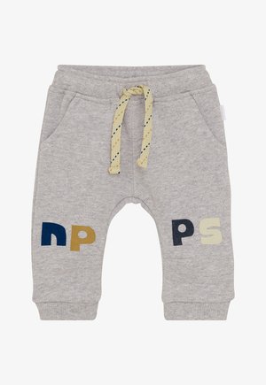 Lichtgrijze peuter sweatpants met ribbels aan de boorden, zijzakken, een crèmekleurige en blauwe trekkoord, en meerkleurige letters "NPS" op de benen.
