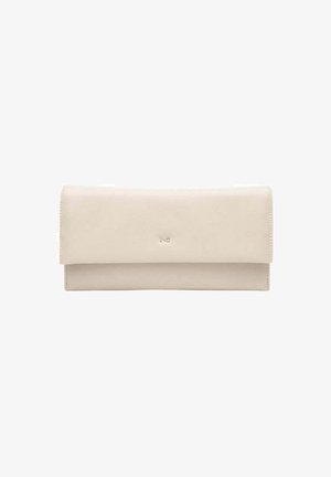Lichtbeige leren clutch tas met een gladde textuur. Beschikt over een omgevouwen ontwerp en een subtiel reliëflogo aan de voorkant. Minimalistische stijl.