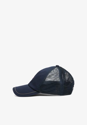 Navy cap with a solid front and mesh back. Features a curved visor and contrasting stitching along the brim. No visible logos or patterns.