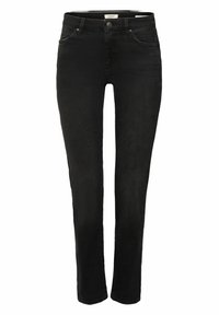 Jeans skinny negros de mezclilla, con un diseño clásico de cinco bolsillos, cierre de botón y un ligero desgaste en los bolsillos.