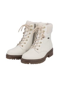 Witte leren enkellaarzen met een zachte crème bontafwerking, vetersluiting, goudkleurige hardware en een getextureerde bruine rubberen zool.