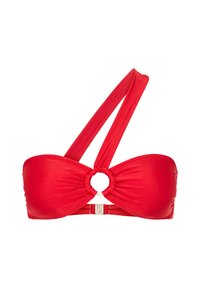 Raudonas bandeau tipo bikini viršus su sukta priekiu, apvaliu išpjovimu ir storomis petnešomis. Minkšta tekstūra ir sidabro spalvos detalės nugaroje.