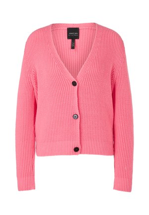 Knitted pink cardigan with a V-neckline, three front buttons, ribbed cuffs and hem, and a relaxed fit. Texture is chunky and soft.