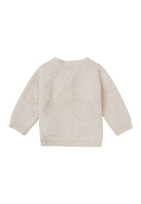 Jasna kremowa sweter z teksturowanym wzorem, z raglanowymi rękawami i ściągaczami. Nakrapiane akcenty w różnych odcieniach dodają szczegółów.