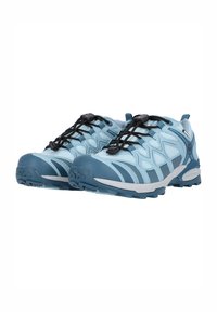 Light blue hiking shoes with textured synthetic upper, rubber toe cap, black laces, and gripped outsole. Features distinct side patterns.