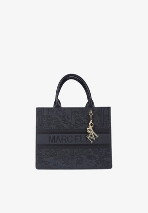 Borsa a mano nera Marc Ellis con motivo floreale in rilievo, doppi manici e ciondoli a lettere color oro appesi sul davanti.