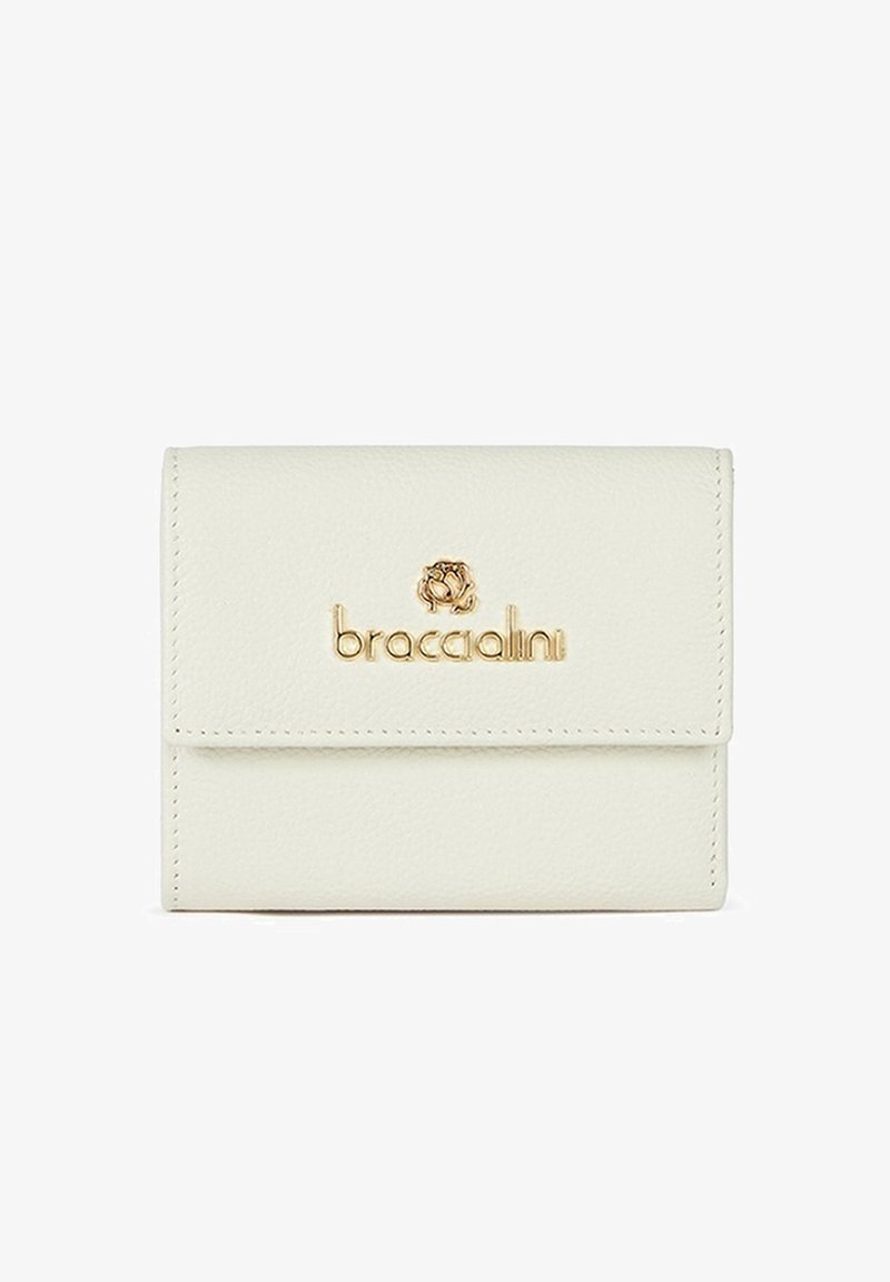 Cream leather wallet with a flap closure. Features a gold embossed logo and stitching details. Compact, rectangular shape.