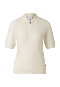 Krótkorękawowy sweter polo w kolorze kremowym, z zamkiem przy dekolcie i teksturowanym wzorem dzianiny. Żebrowany dół i kołnierz dodają struktury.