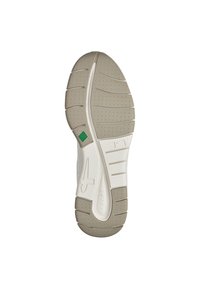 Suola di scarpa con un design in gomma beige, caratterizzata da scanalature e perforazioni per la trazione, e un accento verde con il marchio sul lato.