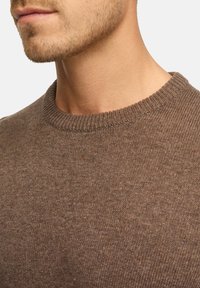 Brązowy sweter z dzianiny o teksturowanym wykończeniu, z żeberkowym okrągłym dekoltem oraz zbliżeniem na tkaninę i kołnierz.