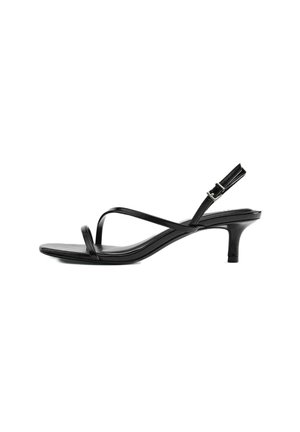 Schwarze Leder-Damensandale mit dünnen gekreuzten Riemen, Slingback-Schnalle, quadratischer Spitze und niedrigem Kittenabsatz auf weißem Hintergrund.