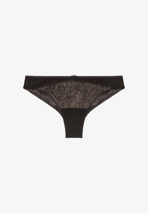 Tanga in pizzo nero con ricami floreali, pannelli trasparenti e vita solida. Caratterizzato da una texture liscia e una cucitura centrale sul retro.