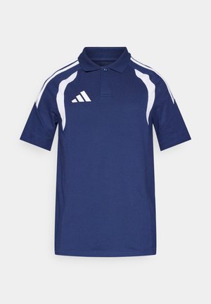 Navy blue polo shirt made from cotton, featuring white accents and three stripes along the shoulders. Includes a collar and buttons.