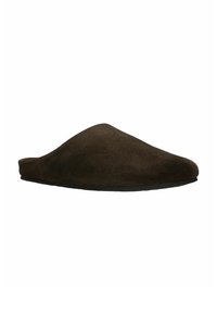 Pantofole in camoscio marrone scuro, senza lacci, con punta chiusa e suola nera piatta, mostrate in profilo laterale su sfondo bianco.