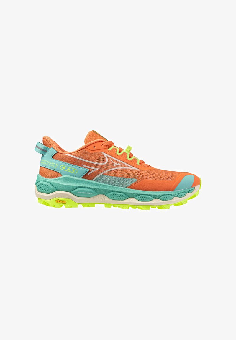Orange and teal trail running shoe with neon yellow accents, mesh upper, cushioned sole, and treaded outsole for grip and support.