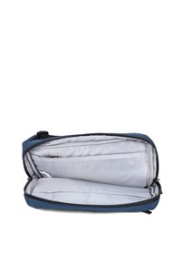 Custodia blu con zip e interni grigi; presenta un compartimento principale e una tasca con zip più piccola. Tessuto liscio con bordi strutturati.