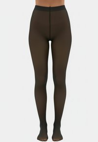 Pantys negro transparentes con una textura suave, que presentan una cintura alta y un diseño sin pies, mostrando un sutil patrón de puntos en todo su recorrido.