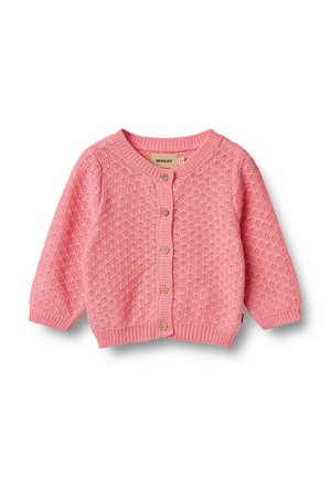 Rosa gestrickte Strickjacke mit strukturiertem Muster, rundem Ausschnitt und Knopfverschluss vorne. Mit gerippten Ärmelbündchen und Saum, aus weichem Material gefertigt.
