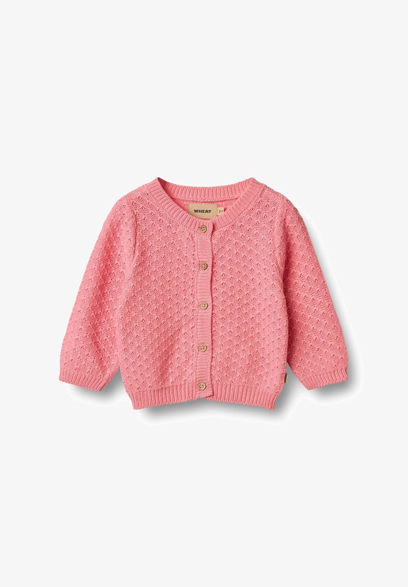 Rosa gestrickte Strickjacke mit strukturiertem Muster, rundem Ausschnitt und Knopfverschluss vorne. Mit gerippten Ärmelbündchen und Saum, aus weichem Material gefertigt.