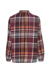 Blouse à manches longues avec poignets élastiques, présentant un motif à carreaux multicolores dans des tons de marron, orange, rose et gris, vue de dos.