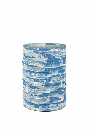 Blue and white tubular fabric neck gaiter with a floral and foliage pattern, displayed upright against a white background.