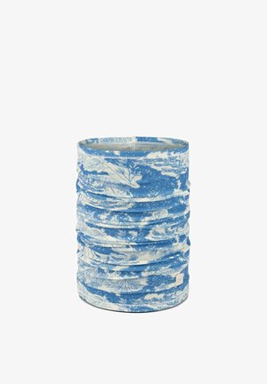 Blue and white tubular fabric neck gaiter with a floral and foliage pattern, displayed upright against a white background.