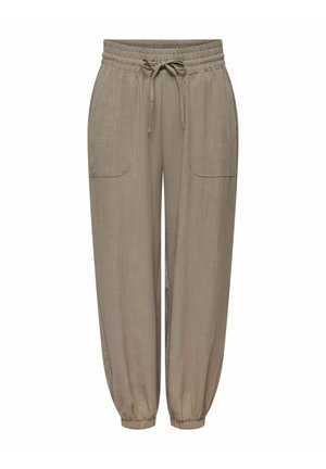Pantalon beige coupe décontractée avec taille élastique, cordon, poches plaquées devant et poignets élastiques aux chevilles.
