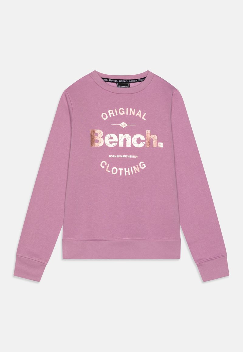 Sweat-shirt lilas clair avec des manches longues, un col rond, et une impression métallique portant le texte "Original Bench Clothing" sur le devant.