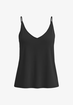 Zwart tanktop met een V-hals, dunne spaghettibandjes en een losse pasvorm. Gemaakt van gladde stof zonder zichtbare patronen of hardware.