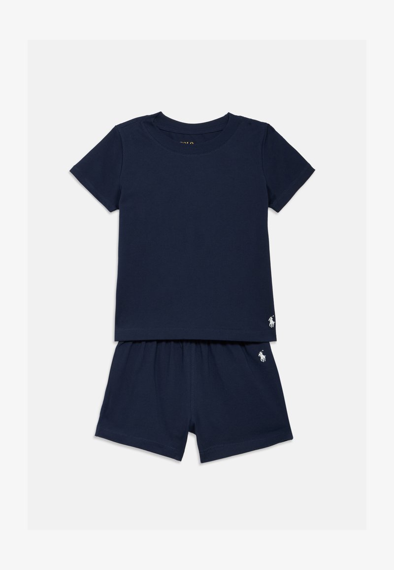 Navy blue cotton short-sleeve T-shirt and matching shorts. Features a crew neck, elastic waistband, and small embroidered logo on both pieces.