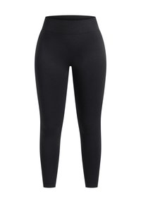 Leggings neri a vita alta realizzati in tessuto elasticizzato, con una superficie liscia e vestibilità alla caviglia. Senza motivi o dettagli hardware visibili.