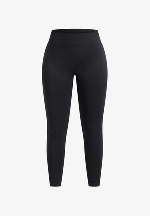High-waisted black leggings made of stretchy fabric, featuring a smooth surface and ankle-length fit. No patterns or visible hardware details.