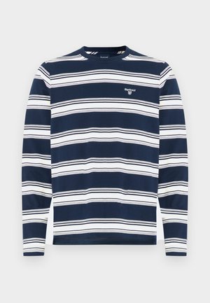 Navy long-sleeve shirt with horizontal white stripes, round neckline, ribbed cuffs, and a small embroidered logo on the chest.