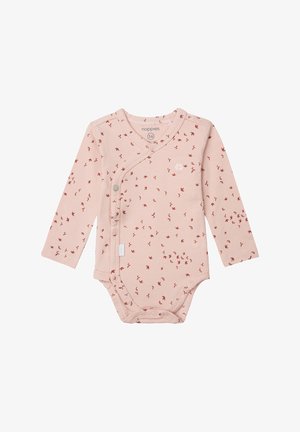 Bodysuit pour bébé à manches longues en tissu rose doux, avec un imprimé intégral de petits oiseaux de couleur rouille. Fermetures à pression et design en enveloppe.