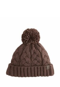 Brown knitted beanie hat with a cable pattern, featuring a ribbed cuff and a plush pom-pom atop. Made of soft, textured yarn.
