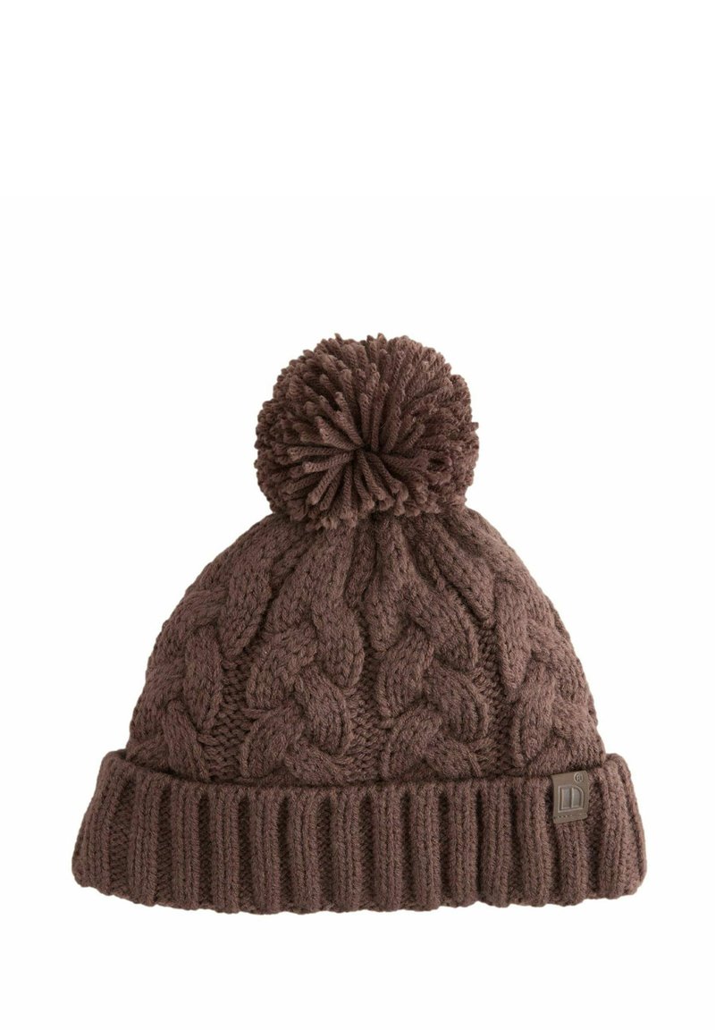 Brown knitted beanie hat with a cable pattern, featuring a ribbed cuff and a plush pom-pom atop. Made of soft, textured yarn.