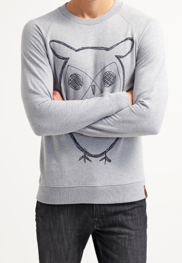 Personne portant un sweat-shirt gris clair avec un grand dessin au trait noir d'une chouette sur le devant, les bras croisés sur la poitrine.