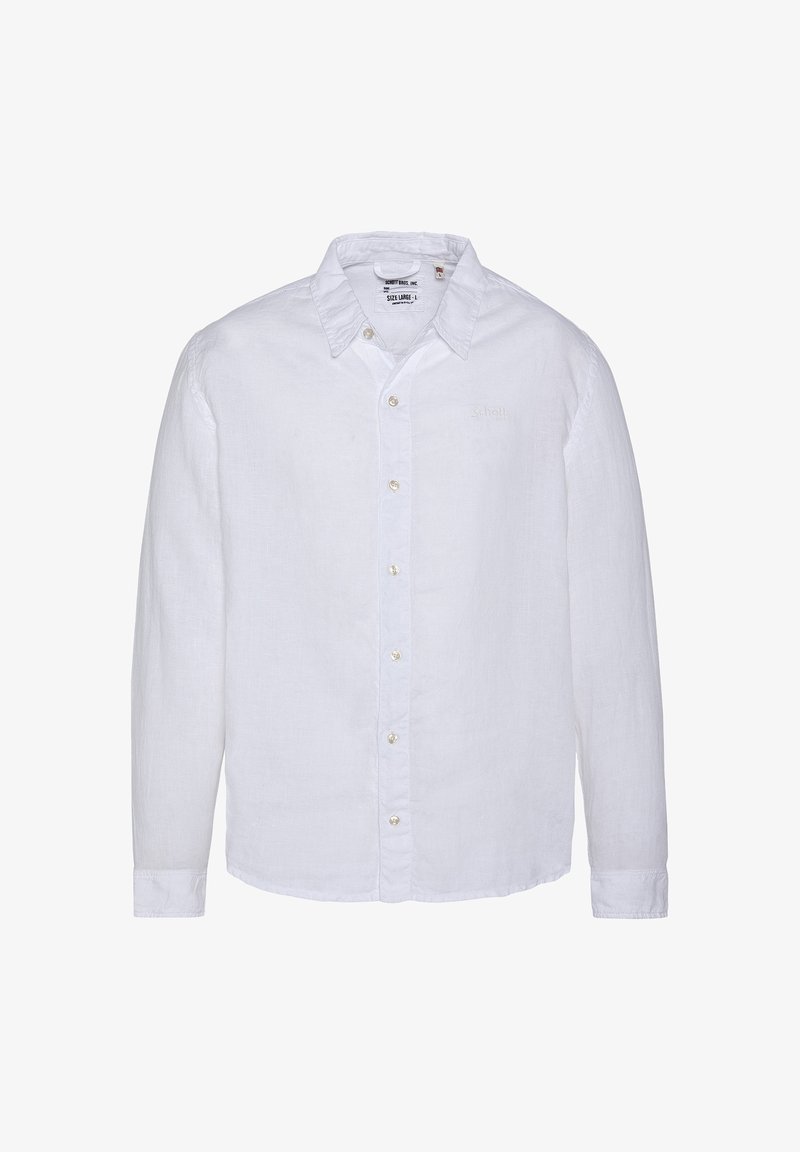 Witte lange mouwen shirt van linnen, met een knoopsluiting aan de voorkant, kraag en subtiele branding op de linker borstzijde. Zachte textuur.