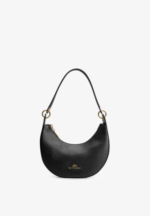 Zwarte leren handtas in halve maanvorm met gouden ritssluiting en logo, enkele riem bevestigd met gouden ringen.